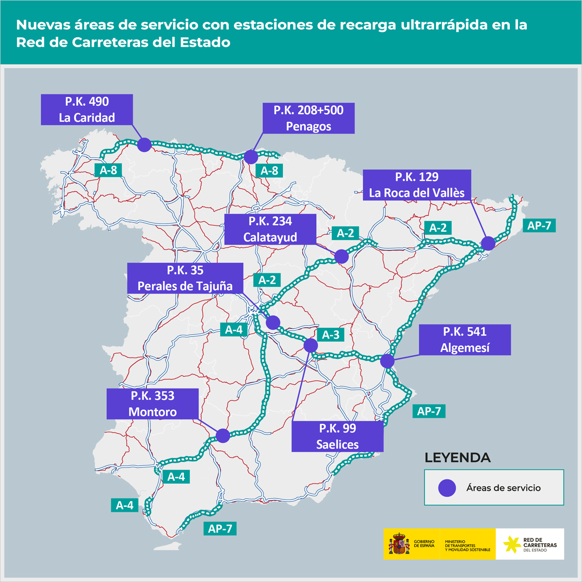 Punto de recarga ultrarrápida para vehículos eléctricos en un área de servicio de una carretera estatal española