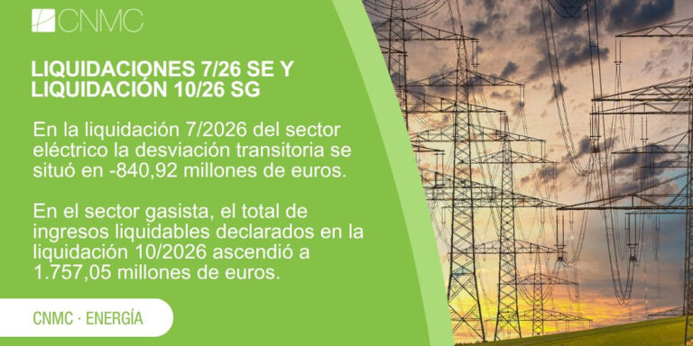 Liquidaciones 7/2026 del sector eléctrico y de energías renovables, cogeneración y residuos, y liquidación 10/2026 del sector gasista