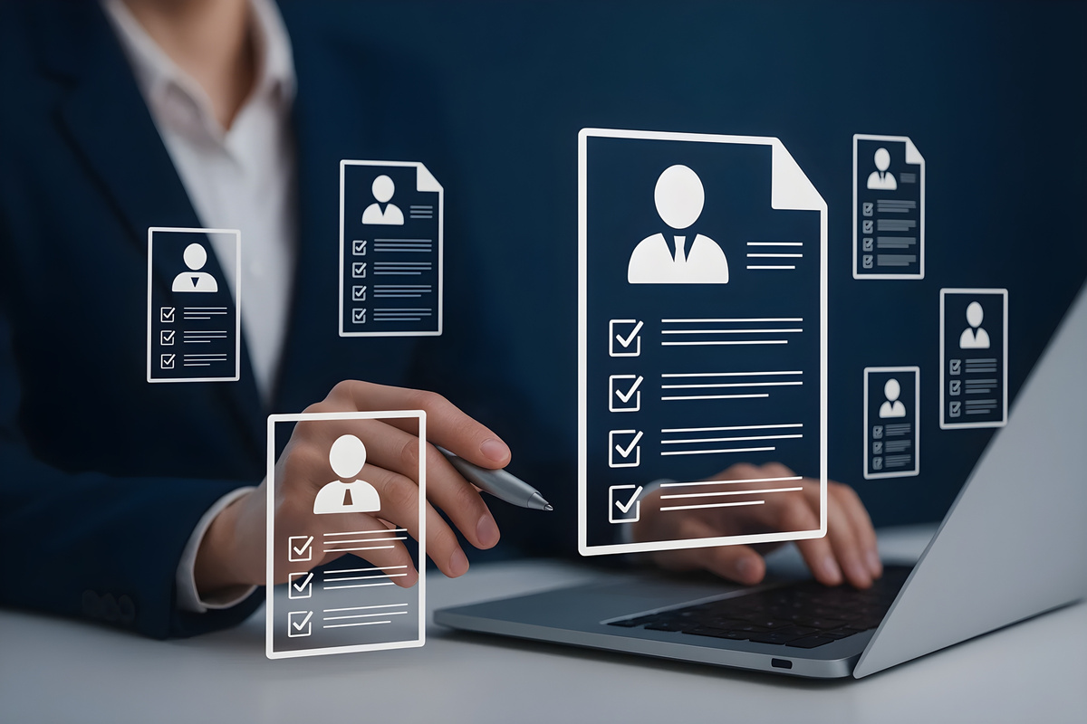 Persona trabajando con un ordenador portátil e iconos de documentos y listas de comprobación superpuestos.