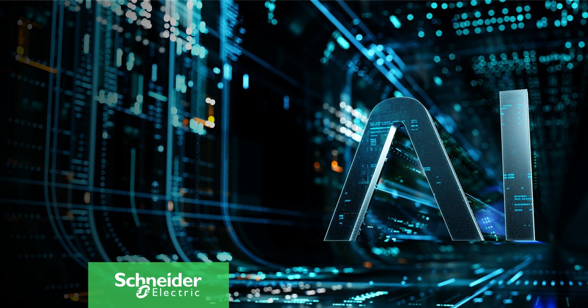 Ilustración con las letras AI sobre un fondo tecnológico y el logotipo de Schneider Electric.